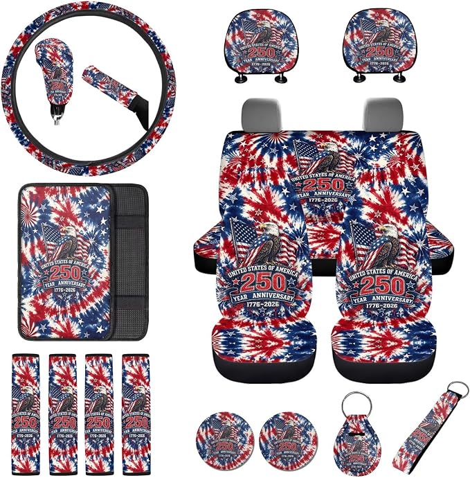 Eagle American Flag Print Car Front Rear Seat Covers Tie Dye Print Car Interior Covers Set Includes Steering Wheel Cover Safety Belt Pads Center Console Pad 250 Year Auto Decor