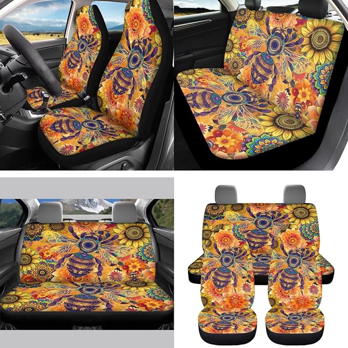 Boho Floral Bee Auto Interior Accessories Car Seat Covers with Auto Steering Wheel Cover Seat Belt Covers Car Trash Can View Mirror Cover Coaster Keychains