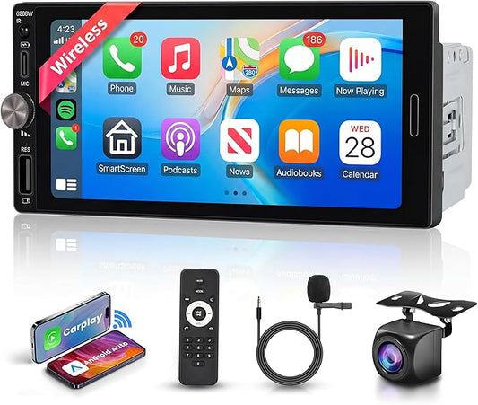 Single Din Car Radio Stereo Wireless Carplay & Android Auto, 6.9" HD IPS Touch Screen Radio, Bluetooth 5.2 Car Audio Receiver, Mirror Link, SWC, 1 Din Stereo with Backup Camera, FM/EQ/USB/Type-C