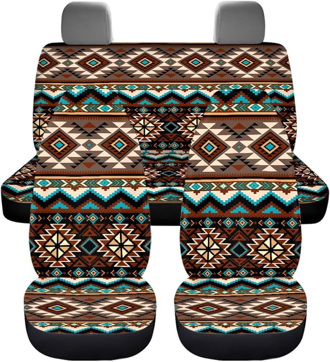 Dreaweet South Western Aztec Car Seat Covers Full Set with Steering Wheel Cover Armrest Covers Seat Belt Pads Cup Holders Gear Shift Cover Handbrake Cover,12 Pcs,Universal Car Accessories Decor