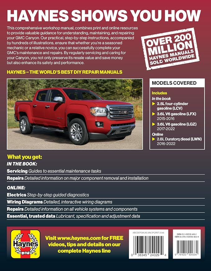 Haynes GMC Canyon (2015–2022) Repair Manual: Covers 2.5L LCV, 3.6L LFX (2015–2016), 3.6L LGZ (2017–2022) Gas Engines & 2.8L LWN Diesel (Online) – Maintenance, Repairs, Troubleshooting & Wiring