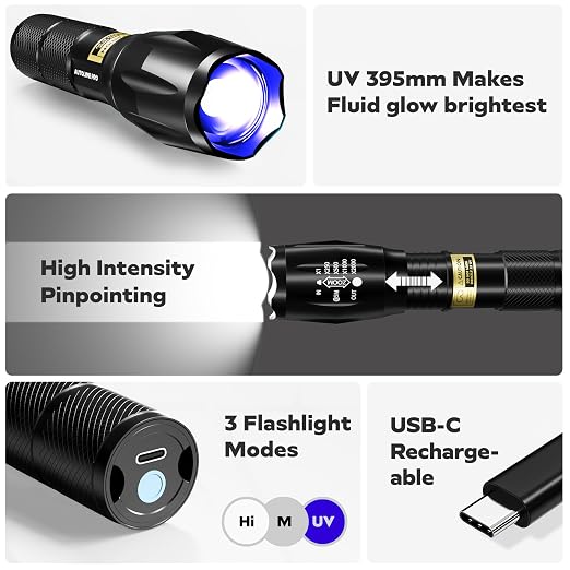 AutoLine Pro UV KIT for Smoke Machine Leak Detection with Brightest & High Smoke Density UV Fluid, UV Premium Adjustable Goggle, and 395nm WAVELENGTH Ultraviolet UV Flashlight for EVAP Vacuum leaks