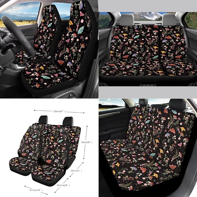 Cottagecore Mushroom Floral Butterfly Car Seat Cover Sets Car Steering Wheel Cover Seat Belt Cover Trash Bin Air Vent Storage Box Front Rear View Mirror Car Cup Holder Keychain 15Pcs