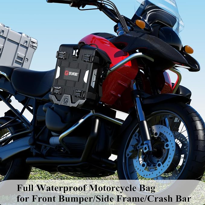 Kewig Full Waterproof Motorcycle Bag for Front Bumper Side Frame Crash Bar | 5.5L TPU Motorcycle Riding Tools Accessories Luggage Bag with Rigid Support & Quick Release Shoulder Strap, Black, 1PC