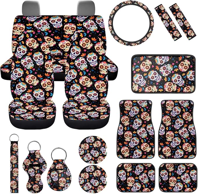 Skull Floral Car Seat Covers Full Set 17 Pack for Women Man Skull Print Car Accessories Set with Seat Belt Cover Pad,Steering Wheel Cover,Armrest Pad,Cup Coasters Car Floor Mats Set of 4