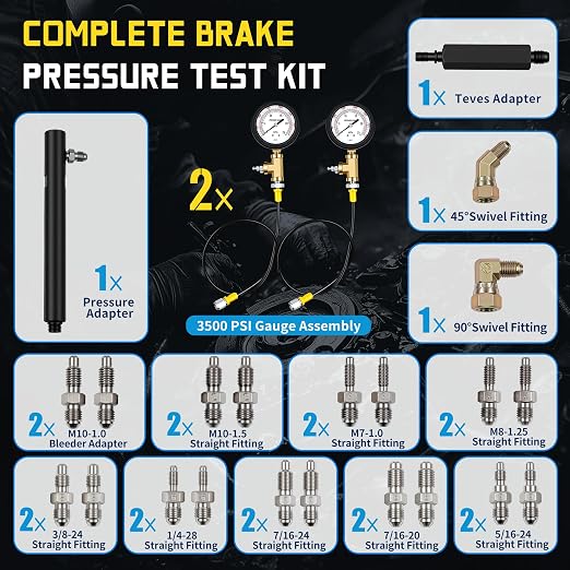 Kuntech Brake System Pressure Test Kit, 0-3500 PSI Hydraulic Gauge, Universal ABS Brake Tester, Diagnostic Tool for Gasoline Vehicles