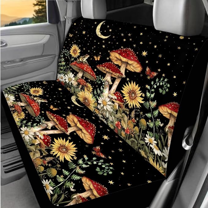 BIGCARJOB Mushroom Car Accessories Full Set 12 Pcs Auto Seat Cover for Front Rear,Sunflower Mushroom Auto Interior Seat Protector Steering Wheel Cover,Seat Belt Pads,Handbrake Brake Protector