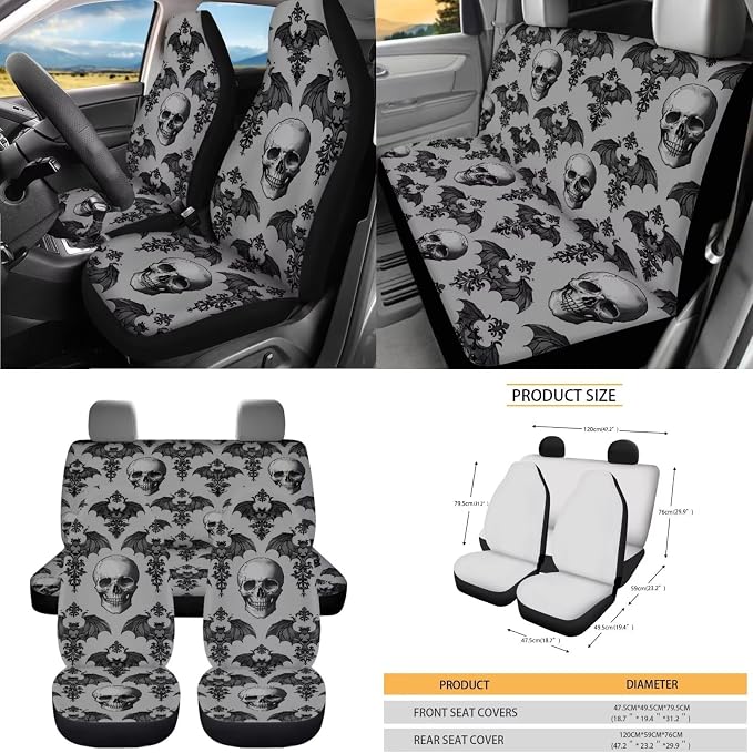 Dreaweet Goth Skull Car Seat Covers Full Set Grey Halloween Car Accessories Seat Covers with Steering Wheel Cover Seat Belt Pads Trash Bin Rear View Mirror Cover Coasters Keychain Air Vent Pouch