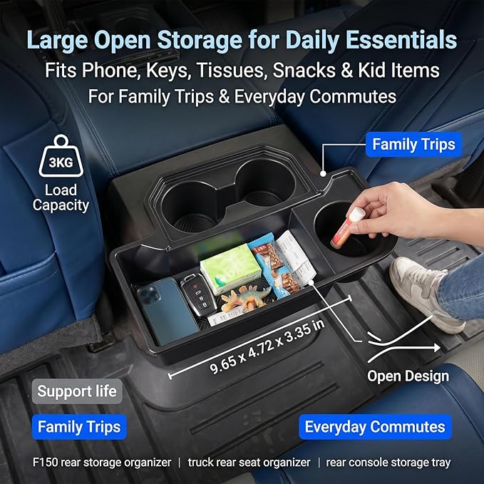 Rear Console Cup Holder Fits for 2015-2020 Ford F150 Bucket Seats Behind Armrest Tray Console Organizer Rear Cup Insert Compatible with F150 Interior Accessories Back Center Console Storage