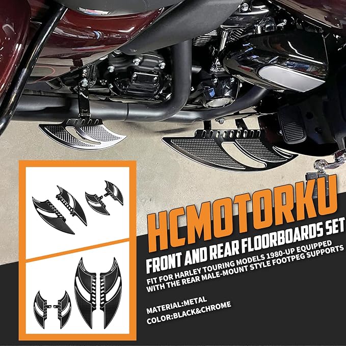 Motorcycle Floorboards Set Driver Passenger Footboards Front Rear Foot Pegs Fit For Harley Touring Road Glide Electra Glide Street Glide Softail Dyna (Black)