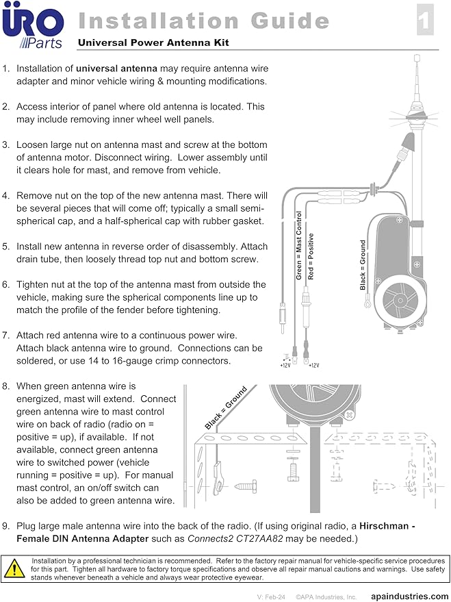 URO Parts AUTA2050B Power Antenna Kit, Universal Power Antenna w/Black Mast; Includes mounting Hardware and Electrical connectors; for Vehicles with 0-30 Degree Body Slopes