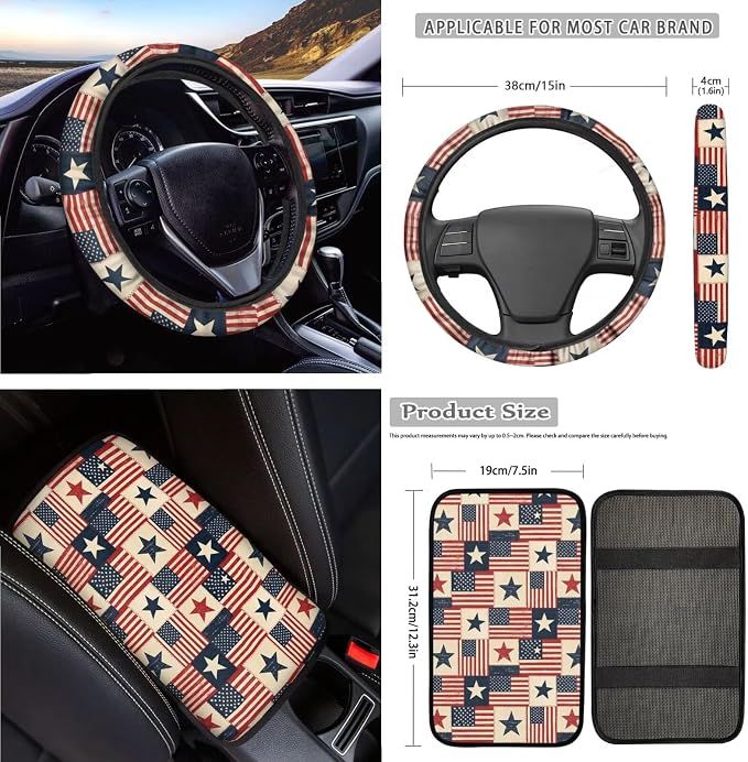 American Flag Print Car Seat Covers Front and Back Full Set 250 Year Decorative Headrest Covers Steering Wheel Cover Safety Belt Pads Armrest Cushion and Cup Coasters