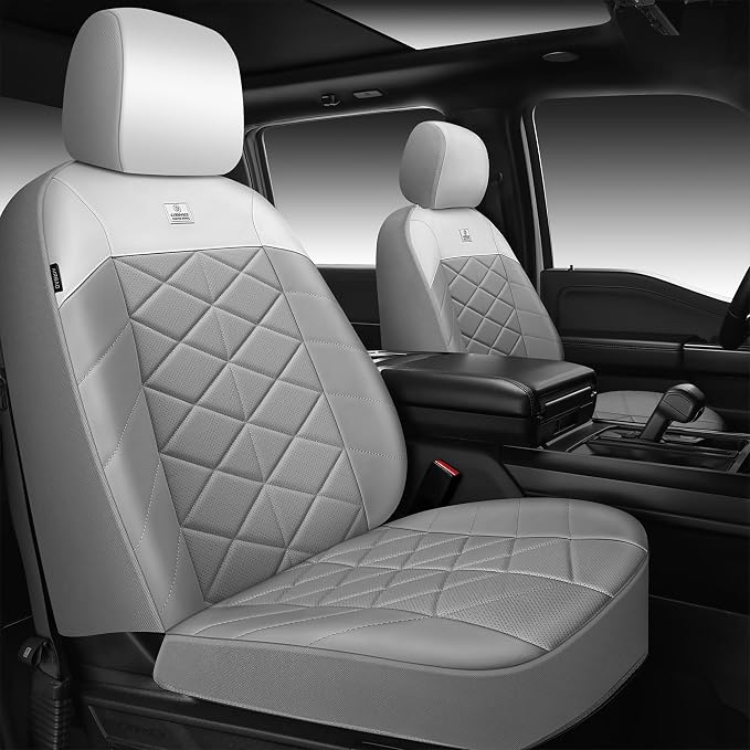 CAR PASS Memory Foam Leather Front Seat Covers, Waterproof Nappa Leather Seat Covers Front Seats Universal Fit for Cars,SUV,Truck Seat Covers Thick 3D Foam Comfortable, Airbag Compatible Gray White