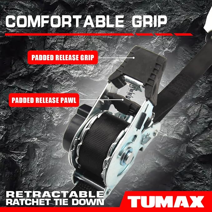 4-Pack Retractable Ratchet Tie Down Straps, 1" x 10ft with Soft Loops & S-Hooks, 1500lbs Break Strength Self-Retracting Cargo Straps for Truck, Trailer, Motorcycle, ATV, Kayak (Black)
