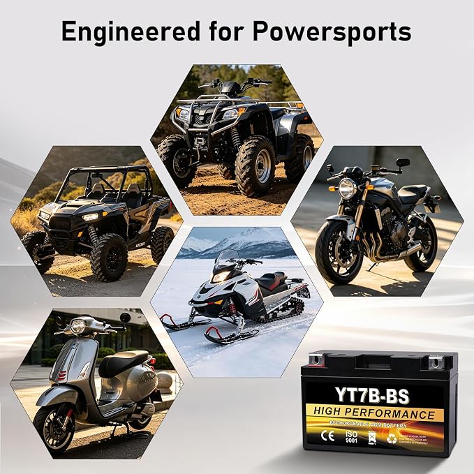 YT7B-BS 12V 6Ah AGM Sealed Motorcycle Battery, Maintenance-Free, Compatible with Yamaha ATV, Ducati, Kawasaki
