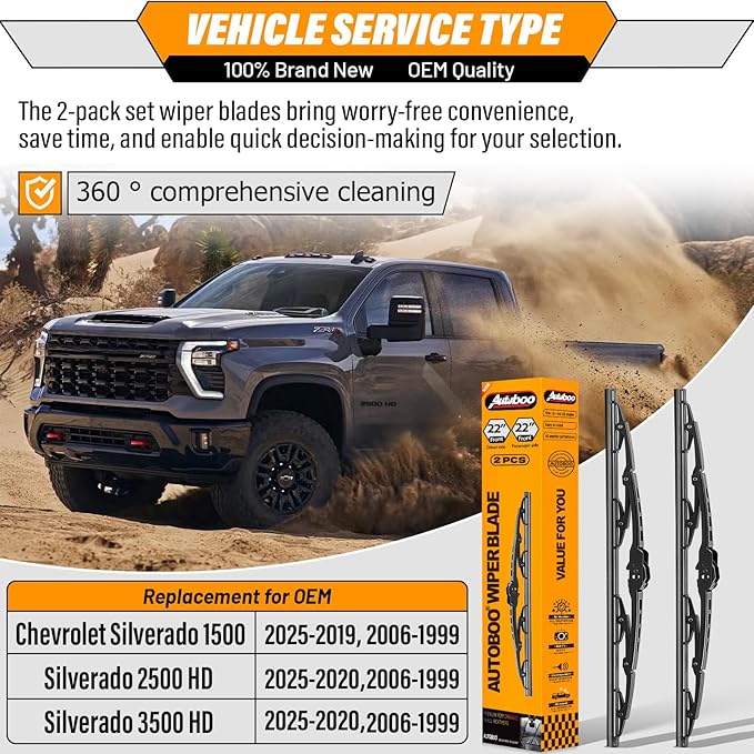 AUTOBOO 22"+22" Windshield Wipers Replacement for Chevrolet Chevy Silverado1500 2500 3500 HD 1999-2006 2019-2025 -Original Factory Quality Wiper Blades (Pack of 2)
