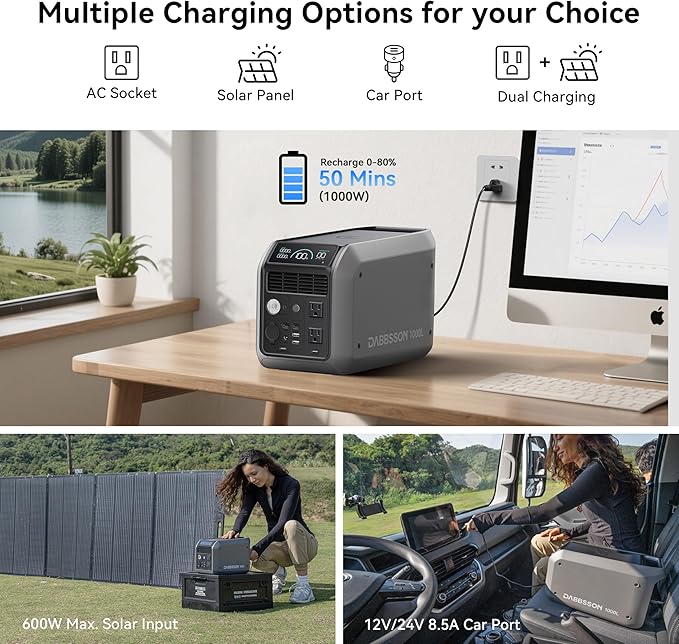 Dabbsson 1008Wh Solar Generator with 120W Solar Panel, Semi-Solid LiFePO4, 1200W AC Output,1600W Power-Boost, 1.2X Longer Runtime, 0-80% in 50 Min, 1000L Portable Power Station for Home/Camping/RV