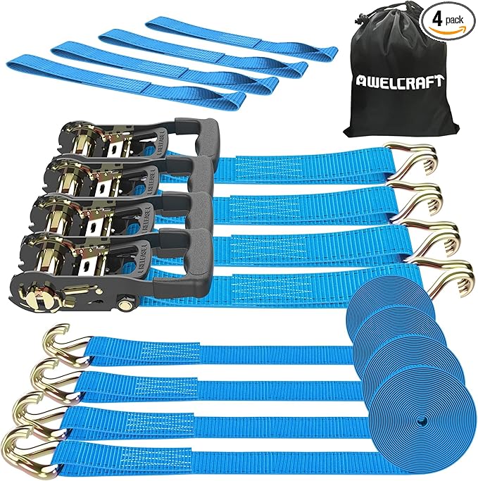 AWELCRAFT Ratchet Straps Heavy Duty 4 Pack,4500lbs Breaking Strength,1.5in×15ft Tie Down Ratcheting Strap with Padded Handles, Double J Hooks & Soft Loops for Motorcycle,Trailer & Trucks (Blue)