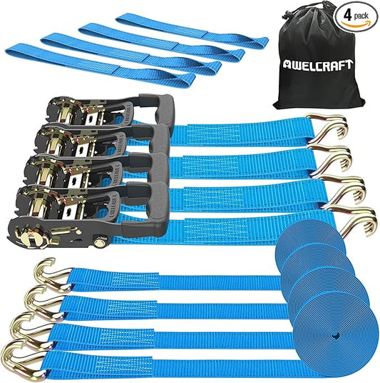 AWELCRAFT Ratchet Straps Heavy Duty 4 Pack,4500lbs Breaking Strength,1.5in×15ft Tie Down Ratcheting Strap with Padded Handles, Double J Hooks & Soft Loops for Motorcycle,Trailer & Trucks (Blue)