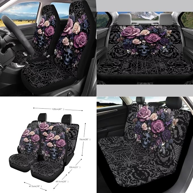 Skull Rose Print Car Seat Covers Full Set with Accessories for Women, Decorative Auto Accessories Include Steering Wheel Cover Safety Belt Pads Rearview Mirror Cover Cup Mats