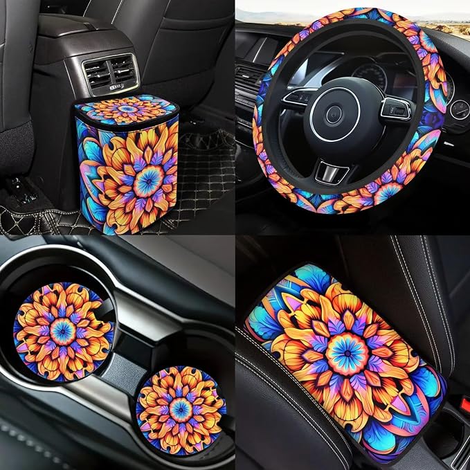 Mandala Lotus Car Seat Covers Full Set 18 Pcs Universal Car Interior Accessories Full Sets Hobo Mandala Flower Steering Wheel Cover Car Seat Belt Pads Cover Car Headrest Covers Keychain