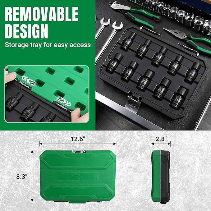 SK 1/2" Drive Universal Swivel Impact Socket Set, Metric Socket Set, 10-Piece, Premium CR-MO Steel, SureGrip 6 Point Design, with Storage Case