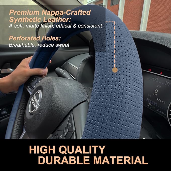 PINCTROT D Shaped Nappa Leather Steering Wheel Cover, Slim Fit No Bulk Design, One Piece Leather with Breathable Perforation, Fit Like Gloves, Flat Bottom 14.5-15 Inch(Nappa Smoky Blue)