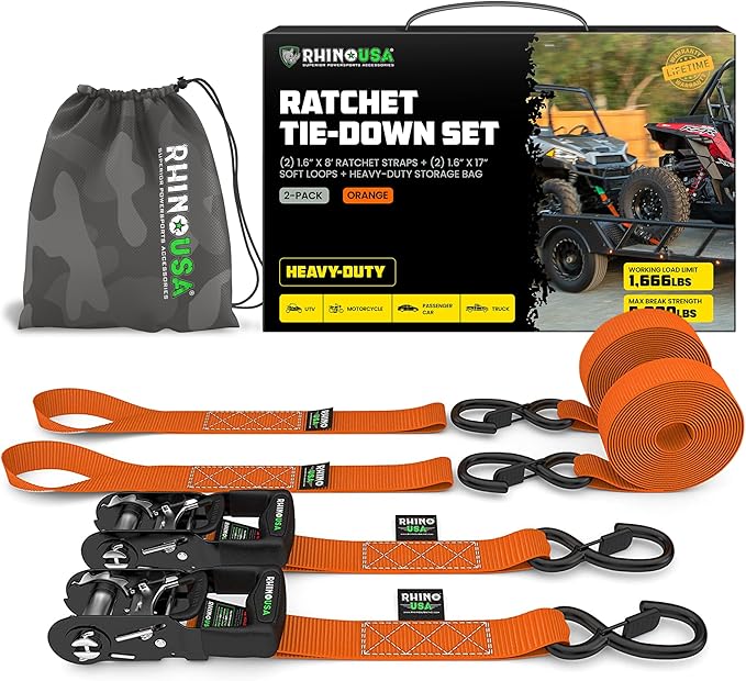 RHINO USA Ratchet Straps Tie Down Kit, 5,000 Break Strength - Includes Heavy Duty Rachet Tiedowns with Padded Handles & Coated Chromoly S Hooks + Soft Loop Tie-Downs