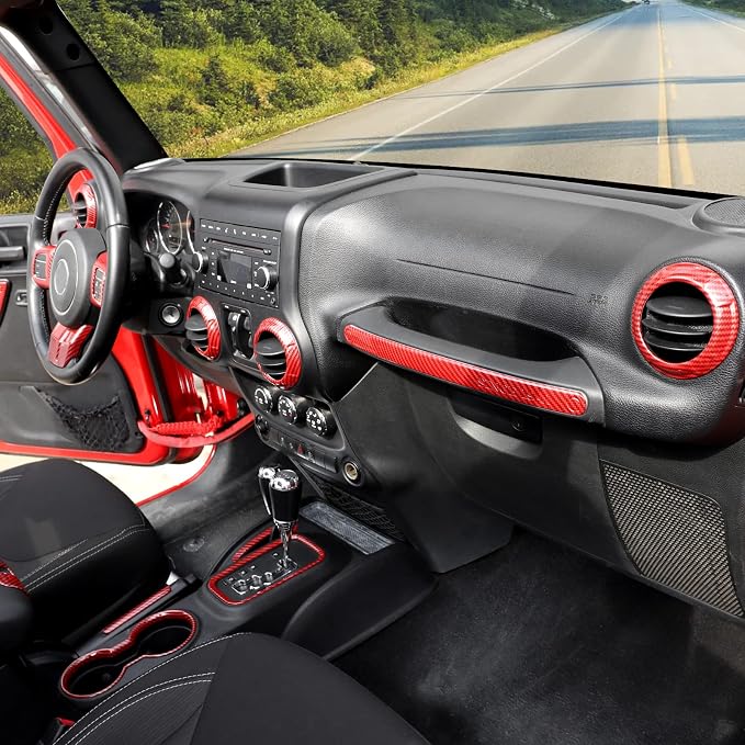 CheroCar 18PCS Interior Trim Kit for Jeep Wrangler JK JKU 2011-2018 4 Door,Steering Button Frame, Air Conditioning Vent Trim Cup Holder Cover,Gear Shift Knobs Frame,Red Carbon Fiber…