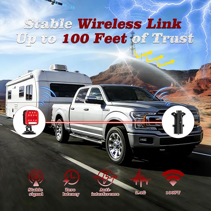 Wireless Trailer Lights Magnetic, Portable Rechargeable LED Towing Light Kit with 180° Adjustable Angle, IP67 Waterproof | Brake, Tail, Turn Signal, Reverse & Strobe Lights for Truck, RV, Camper, Boat
