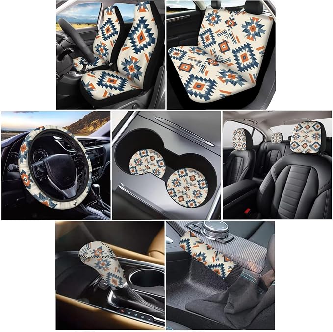Wanyint Car Seat Cover Full Set 11 PCS, with Steering Wheel Headrest Handbrake Gear Shift Cover Cup Holders Universal Fit Most Vehicles, Southwest Aztec Blue Orange