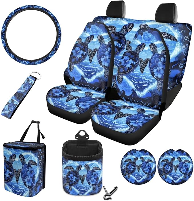 Turtle Hibiscus Print 10 Pack Car Accessories, Car Seat Covers Full Set Steering Wheel Cover Air Vent Storage Bag Auto Rubbish Can Keychain Cup Coasters Universal Fit for SUV Truck Van