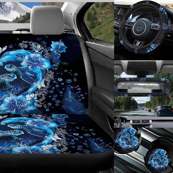 Sea Turtle Car Seat Covers Full Sets with Front and Split Rear Bench,Animal Turtle Car Accessories Set 17 Pack,Ethnic Style Rear Auto Head Rest Covers Universal Fit Mats Car Truck SUV Van