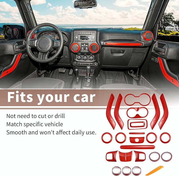 Decoration Set of 21 for Center Console Steering Wheel Air Outlet Door Handle Cover for Jeep Wrangler JK JKU 2011-2018 2-Door 4-Door Interior Trim Accessory Red