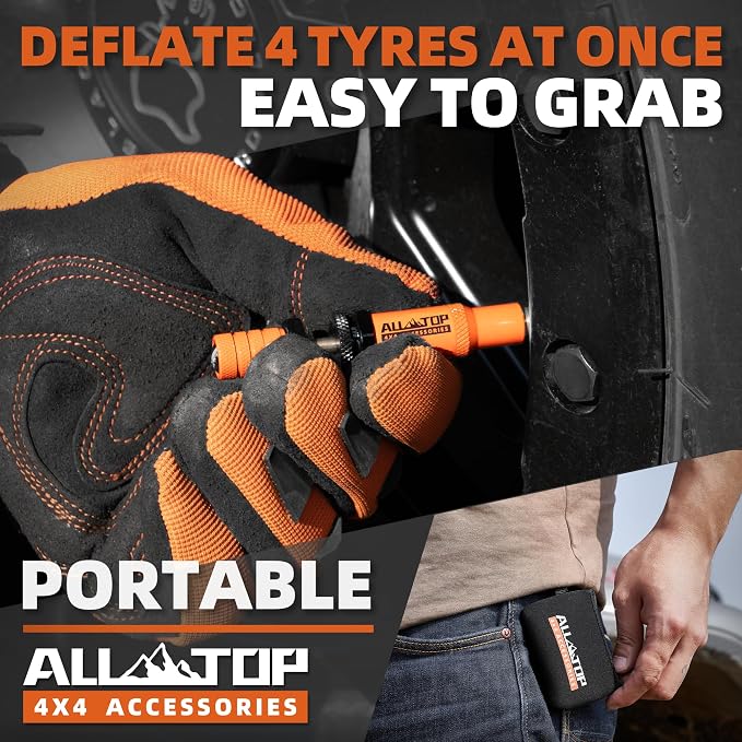ALL-TOP Adjustable Auto-Stop Tire Deflator Valve Kit (10-30PSI) 8 PCS Tyre Air Down Tool with Screw-On Back-up Valve Caps for Offroad 4x4 (2nd Gen) (Orange, Tire Deflator, 8PCS)