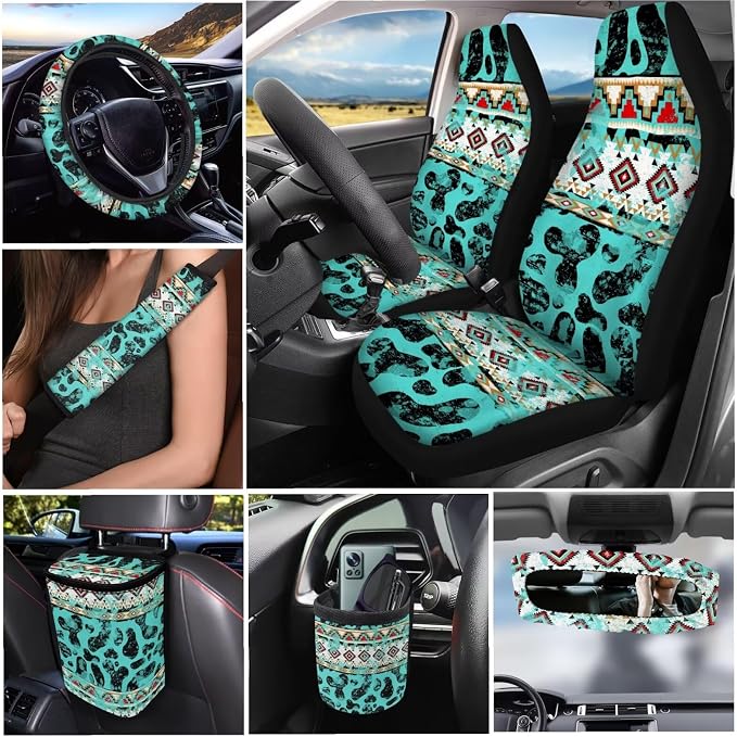 Dreaweet Aztec Cow Print Seat Covers for Cars Full Set Turquoise Front and Back Seat Covers with Steering Wheel Cover Seat Belt Pads Coasters Trash Bag Air Vent Pouch Rear View Mirror Cover Keychain