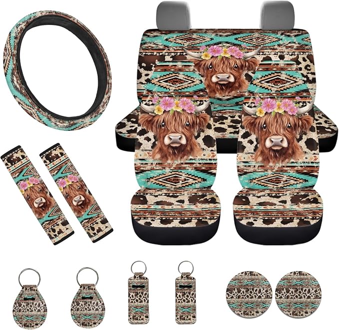 INSTANTARTS Aztec Highland Cow Flower Car Front Rear Seat Covers Auto Interior Protector Chapstick Holder Keychain Cup Mat Pads Seat Belt Covers Steering Wheel Cover Fit for Most Cars