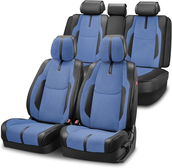 Auto Dynasty Car Seat Covers Full Set, Automotive Seat Covers for Cars Breathable Waterproof, Universal Anti-Slip Car Interior Protectors Compatible Airbag Fit Most Cars, Blue, Drive Series