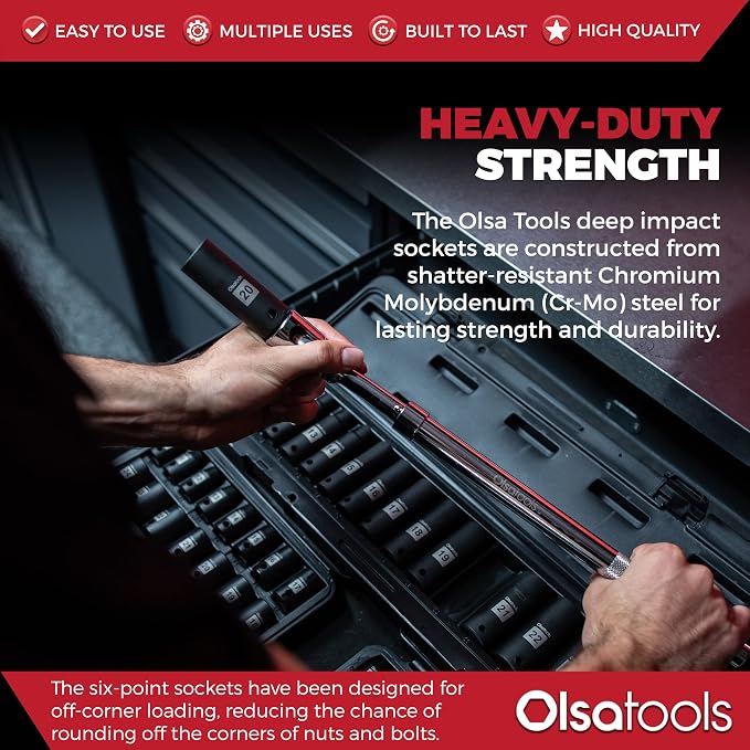 Olsa Tools 1/2-Inch Drive Deep Impact Socket Set - 15pc Metric Cr-Mo 6-Point (10mm to 24mm) - High Contrast Markings - Chrome Molybdenum - Premium Storage Case - Part: 1277