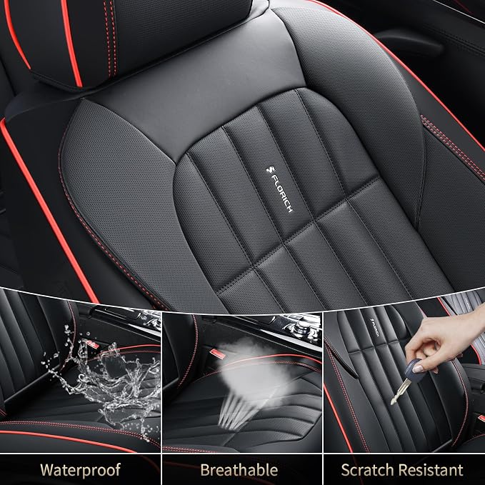 FLORICH Leather Seat Cover, Car Seat Covers Full Set, Waterproof Car Seat Protectors 5 Seats, Front and Rear Seat Covers for Cars, Automotive Seat Protector Fit for Most Cars Trucks - BlackRedLine