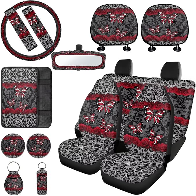 Butterfly Leopard Printed Auto Seat Cover Full Set with Steering Wheel Covers, 15 Pcs Car Front Rear Seat Covers Comfy Armrest Pad Coaster Universal Fit for Cars SUVs Trucks, Grey