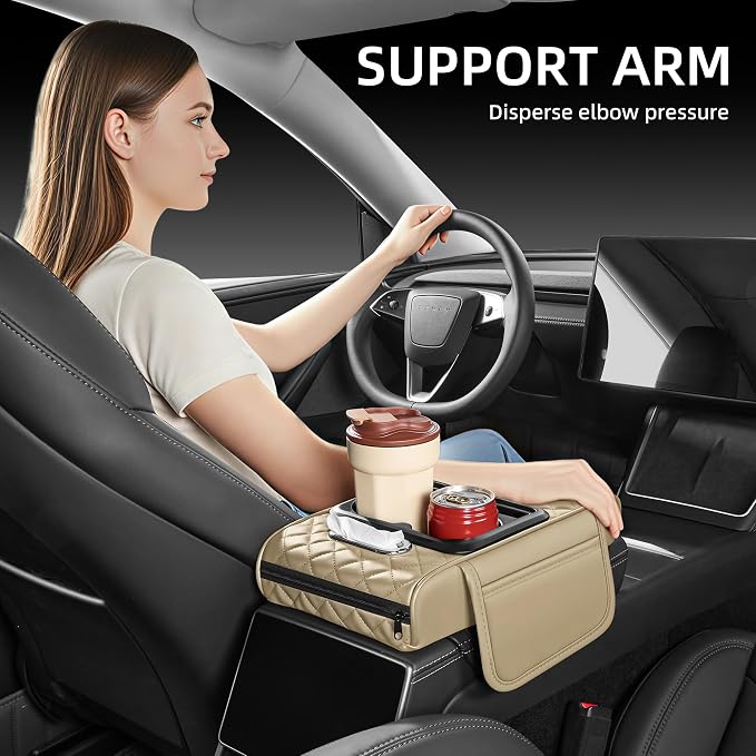 5 in 1 Nappa Leather Console Armrest Cover, Beige | Built-in cup holder, tissue slot, phone holder & 2 storage pockets, practical car accessories fit SUV sedan truck
