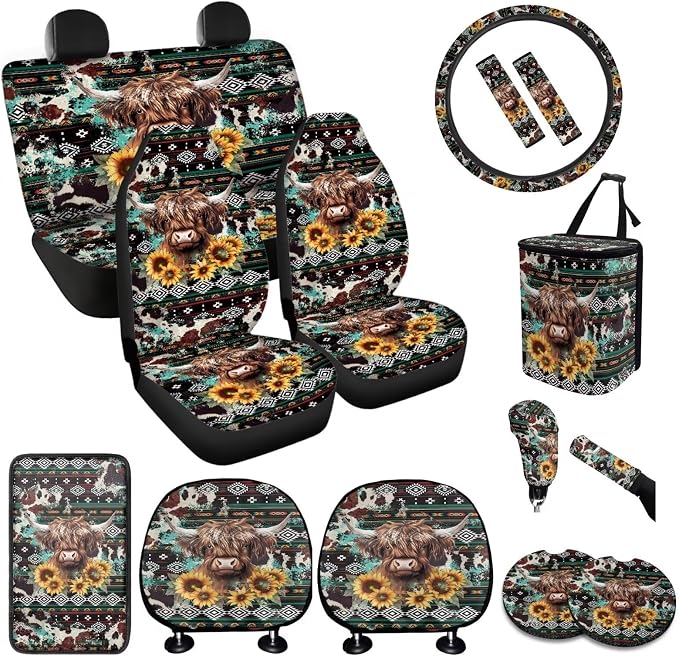 BIGCARJOB Highland Cow Print Car Seat Covers Set Navajo Tribal Car Interior Accessories Full Set 15 Pcs Auto Seat Headrest Cover Steering Wheel Cover Car Trash Can Hanging