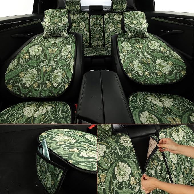 Car Seat Covers,Green Floral William Morris Desgin,Breathable 3D Air Fabric Automotive Seat Cushions, Vintage Boho Aesthetic Interior Accessories, Universal Fit, Machine Washable