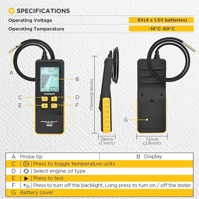 BELEY Engine Oil Tester & Motorcycle Oil Change Kit- Gasoline/Diesel Diagnostic Tool, 31.5in Probe, Temp Test, 2.8in Display (4 Batteries)