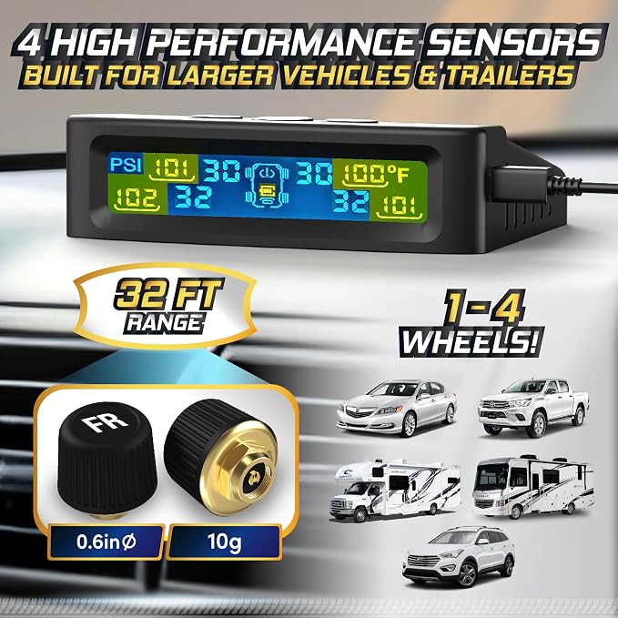 Marcala Tire Pressure Monitoring System - Set of 4 TPMS Sensors for Trailer, RV, Camper, Truck (0-98PSI) | 32ft Extended Range Air Monitor Kit | Solar Charge & 6 Alarm Modes | Be Safe & Prevent Flats