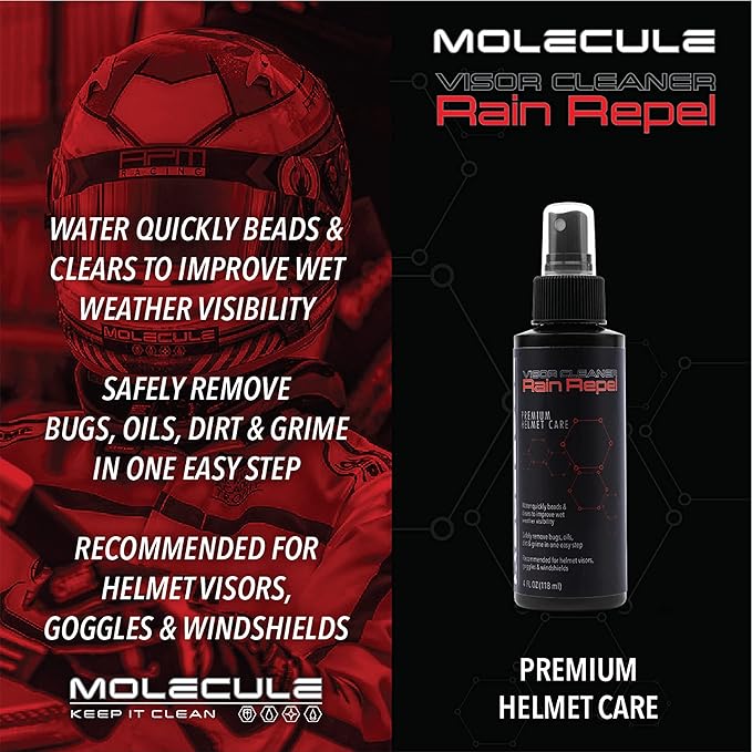 Molecule Matte Helmet Care Kit | Premium Helmet Care | Includes Anti-Fog, Matte Detailer, Refresh, Rain Repel | Cleans and Details Matte Finish Helmets, Visors, and Goggles | 4 Ounce (1 Kit)