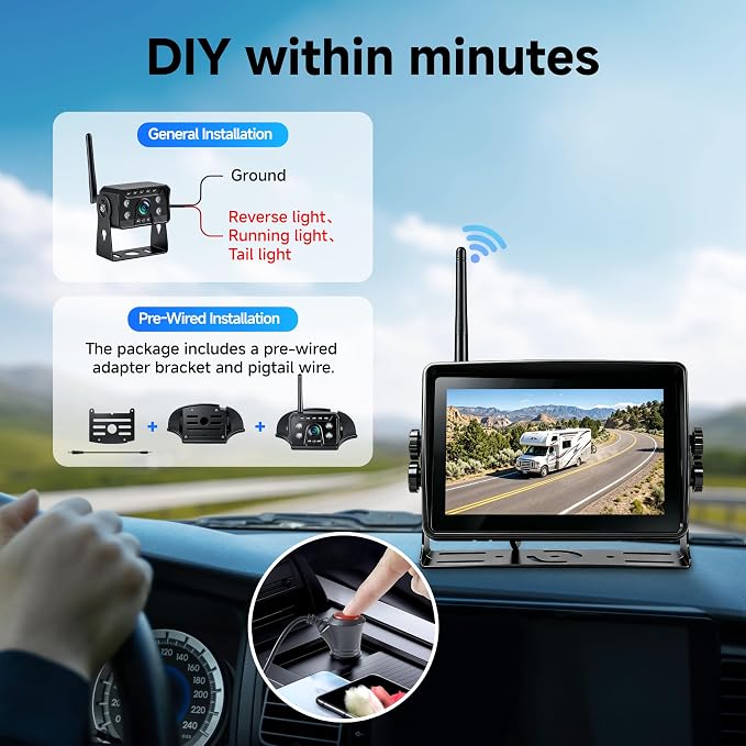 Wireless RV Backup Camera System 1080P HD 7'' Touch Screen Monitor | BSD Blind Spot Alert, 4 CH DVR Recording, IP69K Waterproof, IR Night Vision, Fit for Pre-Wired Furrion RV Trailer 5th Wheel