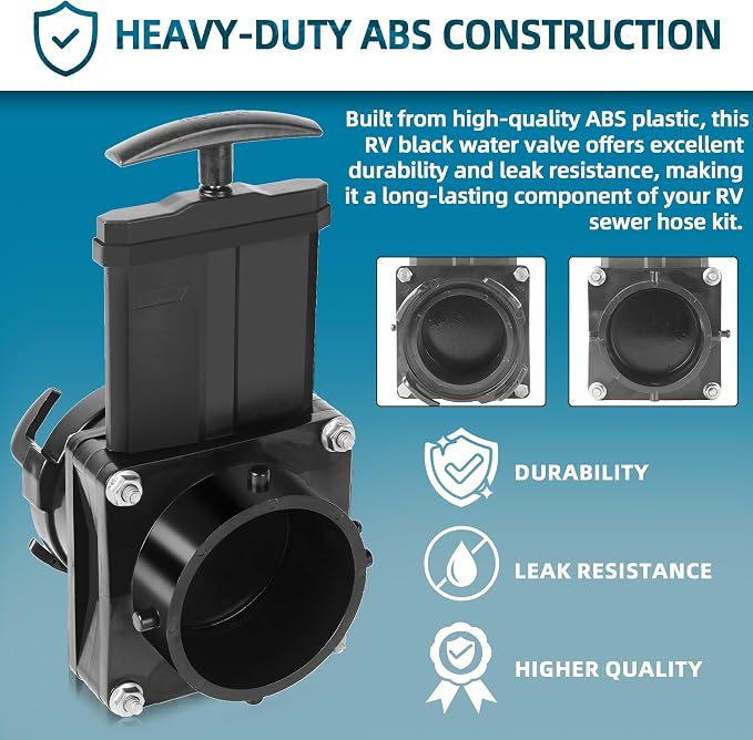 TonGass 3-Inch RV Waste Valve Body with Handle, Durable RV Sewer Valve Replacement for Campers, Trailers, and Motorhomes, Mess-Free Water Valves, Heavy-Duty Camper Sewer Pipe Fitting - Black