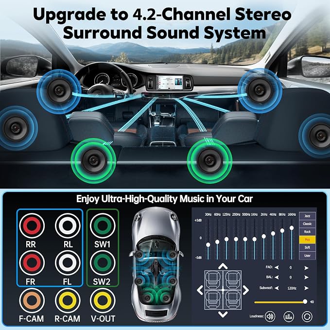 [QLED Screen Upgrade] 7" Double Din Car Stereo with Wireless Apple CarPlay and Android Auto, 240W Powerful Sound, 4.2-Channel Audio Output, Bluetooth, MirrorLink, Backup Camera, AM/FM Car Radio